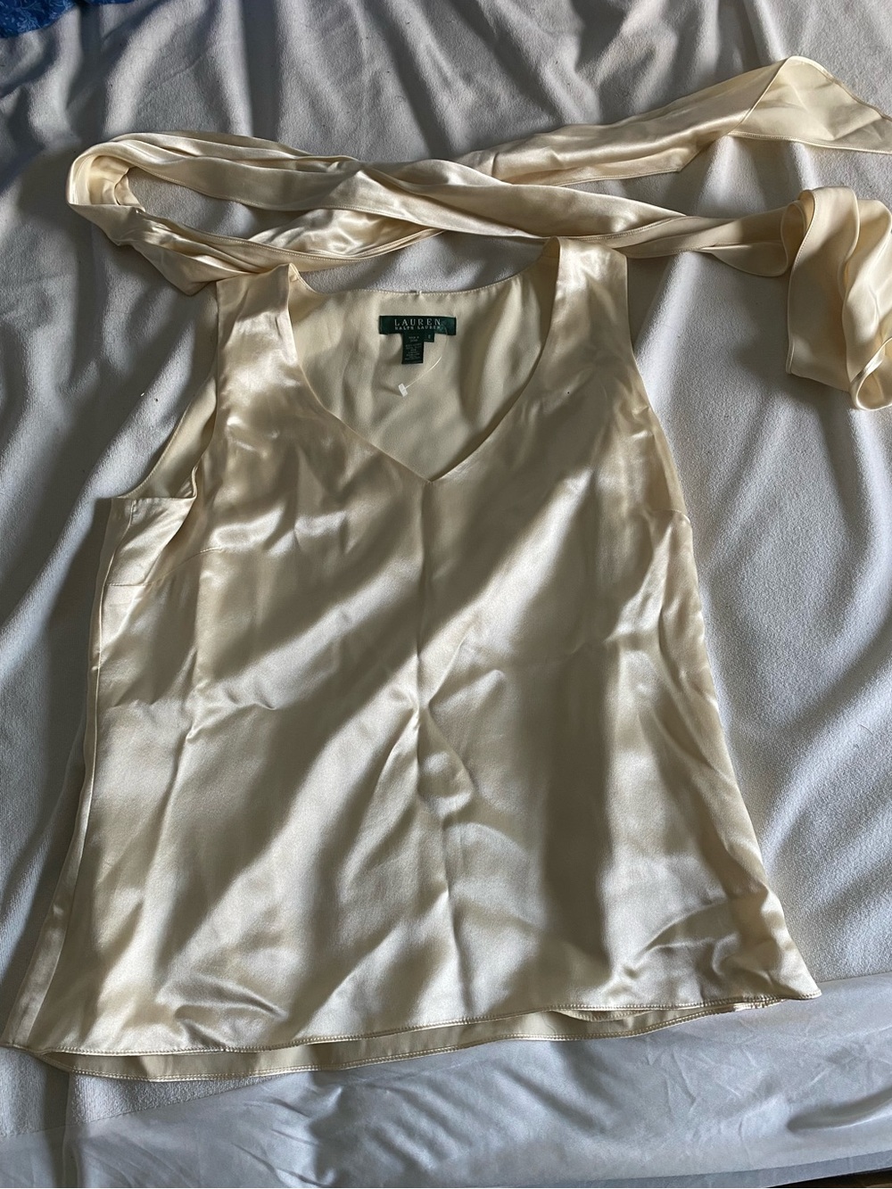 Lauren Ralph Lauren Cream Silk V-Neck Tank with Scarf Tie